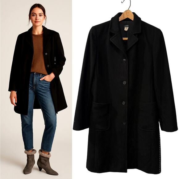 J Crew L 100% Wool Trench Coat $248 Patch Pockets Button Front Long Jacket Black - Picture 1 of 9